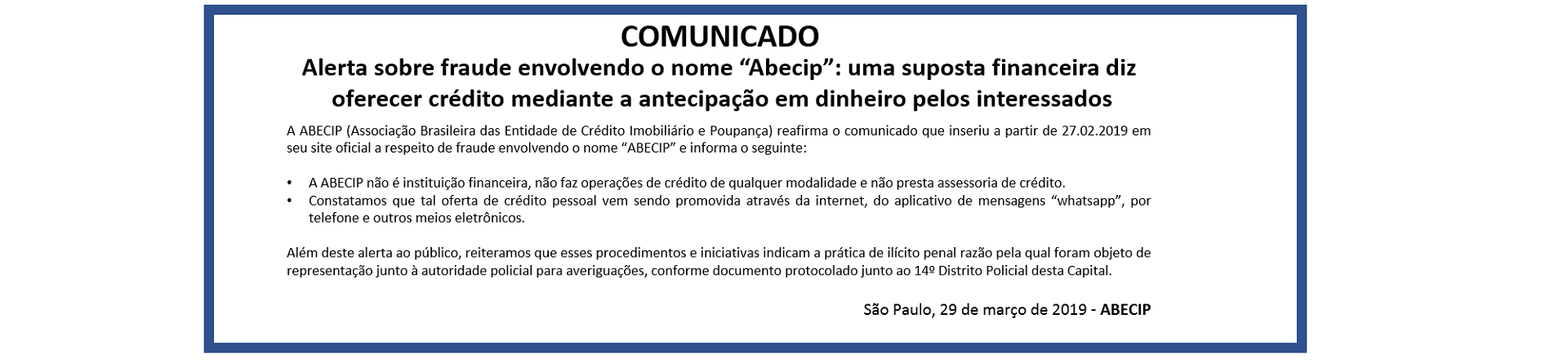 Comunicado sobre Fraude